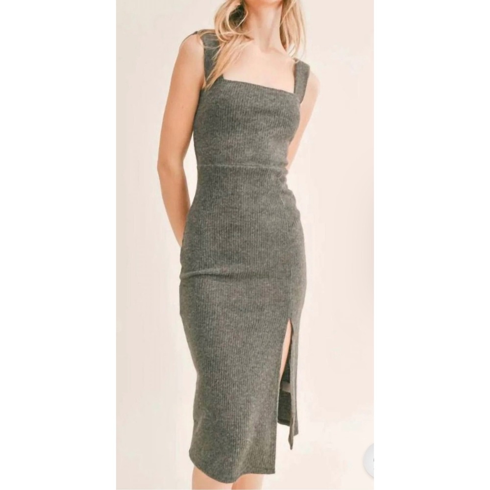 Sage The Label Midi Dress Women XS Charcoal Grey Ribbed Knit Side Slit